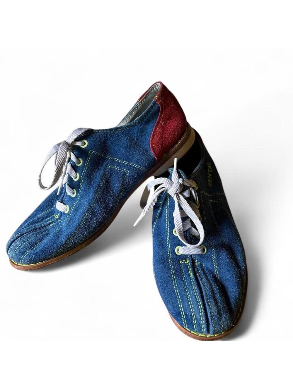 Vintage suede blue bowling shoes- red heel, yellow number